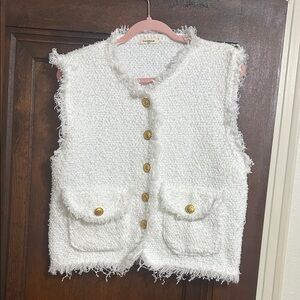 White Textured Sleeveless Top with Gold Buttons